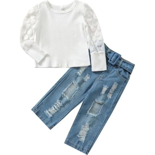 Little Girls T-shirt and Trousers Suit Fresh Solid Color Lace Dots Long Sleeve Pullover Tops and Ripped Denim Pants, 1-5Years