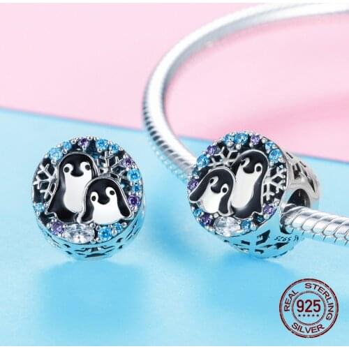 Round zircon penguin family charm beads fit original bangle & bracelet pendant 925 sterling silver woman jewelry making gift