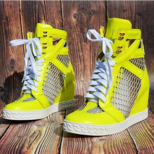 Lemon Net Breathable Hollow Out Sneakers Patchwork Height Increasing Ankle Boots Women 8CM Wedge Heel Lace-up Leisure Shoes