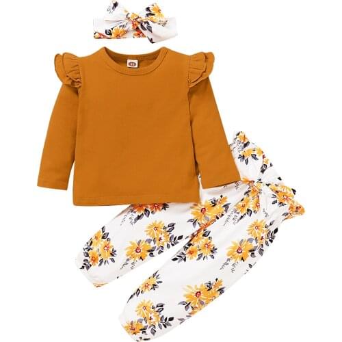0-5Y Fashion Children Girls Clothing Sets Toddler Kids Girls Solid Long Sleeve Ruffle Tops+Floral Print Pants+Headband Outfits
