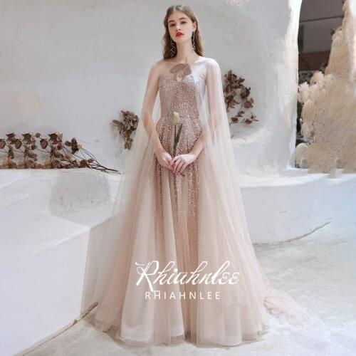Fashion Champagne Strapless Evening Gowns Luxury Dubai New Design Beading A Line Formal Dresses 2021 With Cape Rhiahnlee