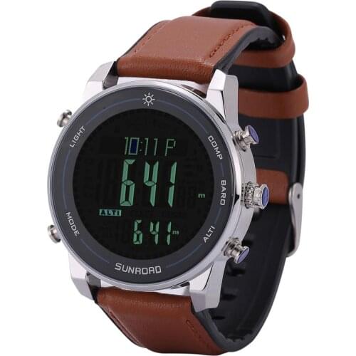Digital Men Watch for Sports Fishing Altimeter Compass Barometer 100m Waterproof Stainless Steel Leather Strap