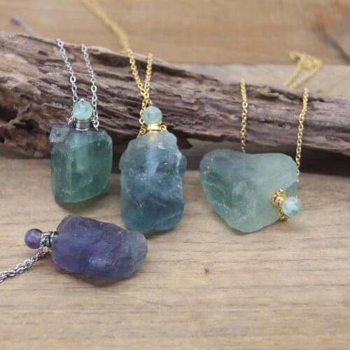 Raw Fluorite Nugget Perfume Bottle Pendants Necklace Healing Crystal Quartz Stone Essential Oil Vial Charm Chains Jewelry QC1014