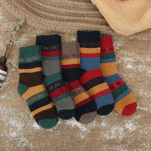 Winter Womens Thickened Warm Harajuku Retro Wool And Cashmere Striped Casual Socks 5 Pair