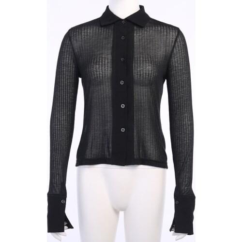Long Sleeve Skinny Elastic Spring Sexy Casual Women Tops Solid Turn-Down Collar Button Knitted Women Shirt See-Through