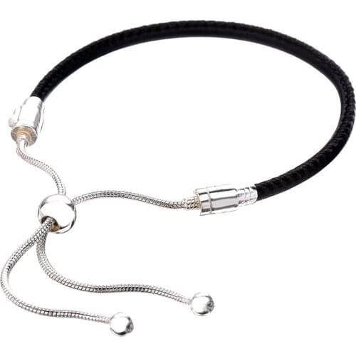 Original Moments Leather With Adjustable Sliding Clasp Bracelet Bangle Fit 925 Sterling Silver Bead Charm Diy Europe Jewelry