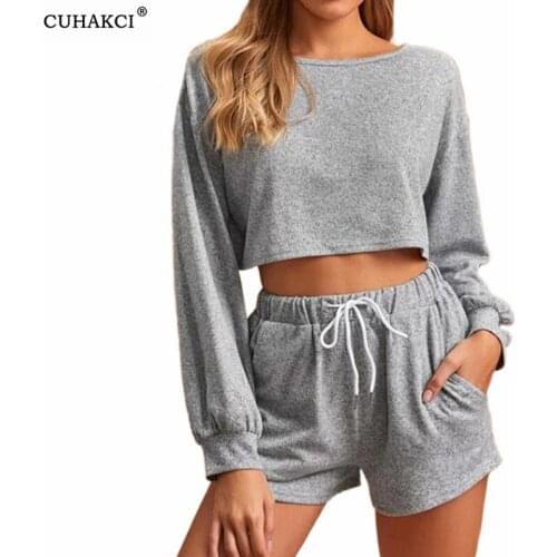 CUHAKCI2PCS Women Sports Solid Pullover Long Sleeve Crop Top High Waist Casual Shorts Workout Clothes Tracksuit Outfit Fitness