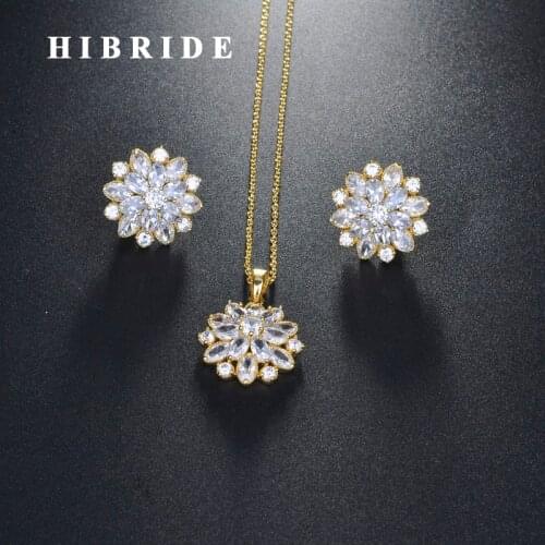 HIBRIDE Luxury Flower Design Clear Cubic Zircon Gold Color Jewelry Set For Women Bridal Wedding Accessories Wholesale N-718