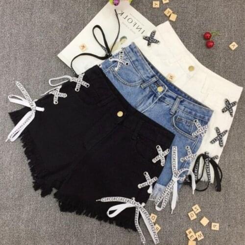 Sexy Summer Women Denim Shorts 2020 New Black Blue High Waist Ripped Short Jeans Femme Tassel Lace Up Bandage Hotpants