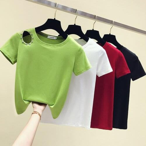 Hollow Out Rivet T-Shirt Woman T Shirt Women Clothes Short Sleeve Summer Tops Cotton Tshirt Female Korean Fashion Tee Shirt Lady