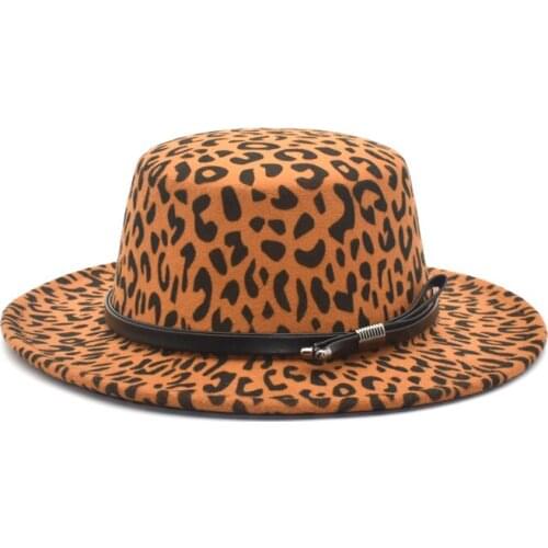 Ladies Leopard Print Winter Warm Flat Top Fedora Hat Top Jazz Hat Men And Women Round Flat Top Hat P15