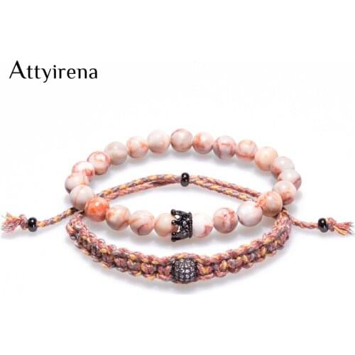 2pcs/set Bracelet Women Natural Round Stone Bracelets Copper Inlay White Zircon Crown Handmade Girl Bracelets Pulseras Bisuteria