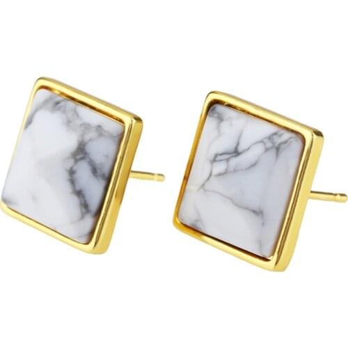 TUMBEELLUWA White Howlite Stone Pyramid Healing Crystal Beads Gold Tone Stud Earrings for Women