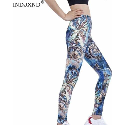 INDJXND Women Spring Autumn High Waist Stretch Leggings Fitness Running Sports Trousers Blue Graffiti Pants Ankle-Length Bottom