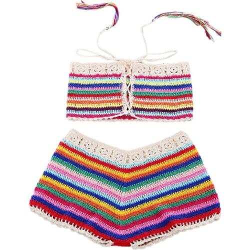 Womens Sexy Bohemian Rainbow Handmade Crochet Knitted Bikini Set Drawstring Lace Up Bandeau Tube Top Shorts Beach Swimsuit