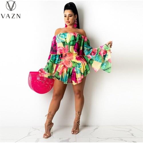 VAZN 2021 summer women fashion new casual holiday style jumpsuits long sleeve card shoulder printed jumpsuits short pants