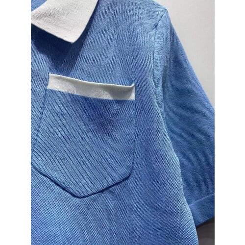 2021 Women Thin Knit Sweater Short Sleeve Single Breasted Turn-Down Collar Outwear Short Type Knitwear Cardigan with One Pocket