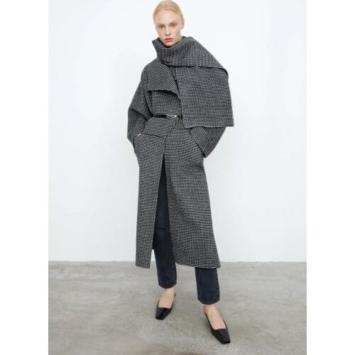 Totem* Wool Long Coat ANNEC* Series Wool plaid Silhouette Side Slit Lapel Long Coat For Women Big Size New Arrival Spring 2020