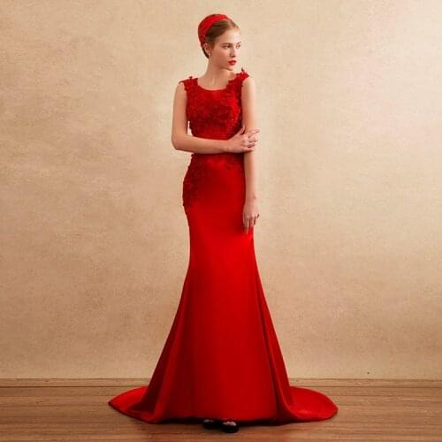 Red satin lace appliques flowers long Formal party gown robe de soiree vestidos 2018 sexy see through back bridesmaid dresses