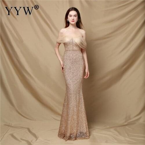 White Gold Sequined Strapless Wedding Party Dress Women Long Mermaid Evening Dresses Engagement Dress Robe De Soiree De Mariage