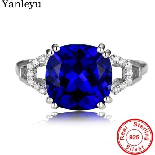 Yanleyu Fashion Female Engagement Ring Solid 925 Sterling Silver Blue Cubic Zircon Wedding Jewelry Rings for Women Gift PR108