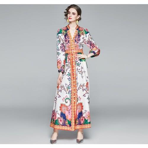 ZUOMAN 2020 Autumn Runway Designer Women Maxi Dress Vintage Single Breasted Flower Print long Sleeve Sashes Dress