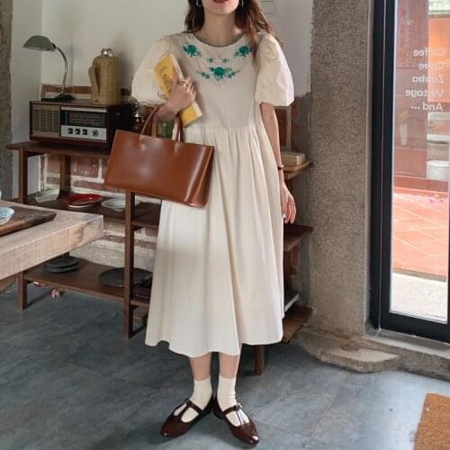 Embroidery Puff Short Sleeve Women Dress 2021 Summer A-line Midi O-Neck Casual Dresses YOU289
