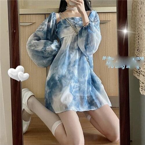 Blue tie dye mesh dresses women 2021 sexy off the shoulder french vintage party ruffle dresses elegant Mini Sexy party dress