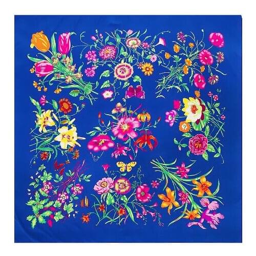 130cm*130cm 2019 New Luxury Brand Women Winter Silk Scarf Twill Floral Print Turban Headband Large Hijab Square Scarf Shawl