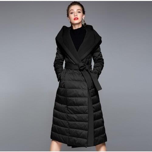 2020 New Winter Long Slim A-Line White Duck Down Hooded Women Warm Coat With Belt Casaco Feminino Parkas