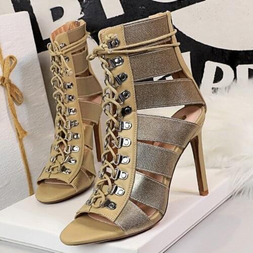 2021 Summer Sexy Women 10cm Fetish High Heels Roman Sandals Cross-tied Peep Toe Nightclub Sandals Boots Plus Size Female Shoes