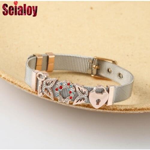 2021 New Two-tone Stainless Steel Mesh Belt Bracelets For Women Men Original Butterfly Flower Basket Beads Buckle Bangle Jewelry