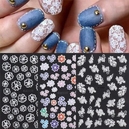 5D Acrylic Engraved Nail Sticker White Embossed Flower Sliders Nail Art Decorations Lace Wedding Design All For Manicure