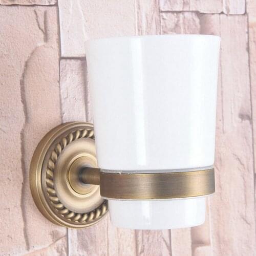Antique Brass Single Toothbrush Holder With Ceramic Cup Wall Mounted Bathroom Accessories aba264