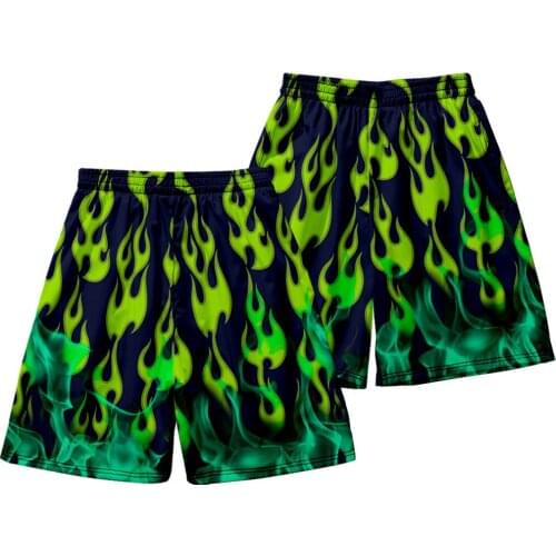 Breathable Male Casual Shorts Comfortable Fitness Shorts Men Summer Fashion New Green Fire Print Shorts Boardshorts