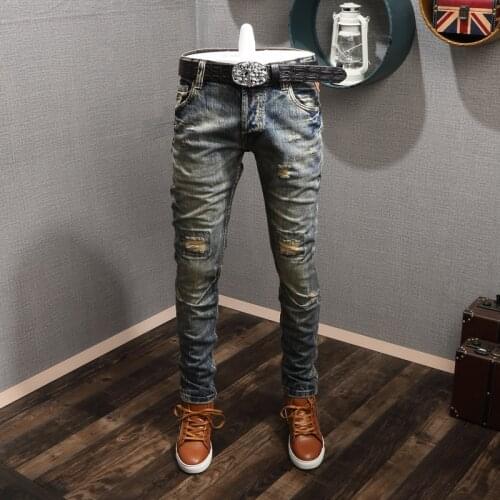 Italian Style Fashion Men Jeans Retro Yellow Blue Distressed Slim Fit Ripped Jeans Men Vintage Designer Hip Hop Denim Punk Pants