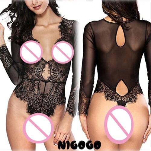European and American erotic lingerie sexy lace eyelash lace one-piece long-sleeved underwear