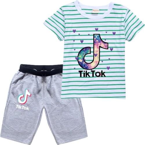 TIK TOK Summer short sleeve striped T - shirt + medium trousers large childrens wear two suits