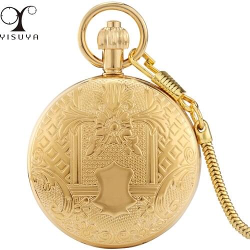 Exquisite Pattern Automatic Mechanical Pocket Watch Luxury Gold Copper Full Hunter Retro Pocket Clock with Chain Antique Gifts