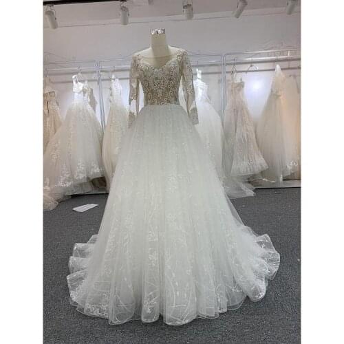 Ivory Lace Tulle Beading Long Sleeves Floor-Length Princess A-Line Wedding Dresses Chapel Train Custom Made Bridal Gowns
