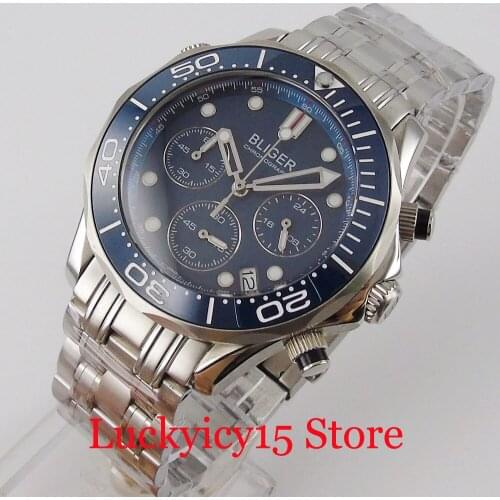 BLIGER Chronograph Quartz Watch Date Window Sapphire Glass Mental Band Rotating Bezel