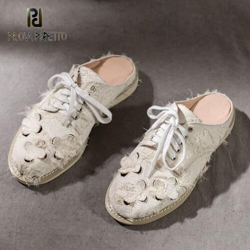Summer Handmade Hollow Comfortable Flannel Lace-up Lazy Half Slippers New White Casual Low-heeled Personality Muller Shoes