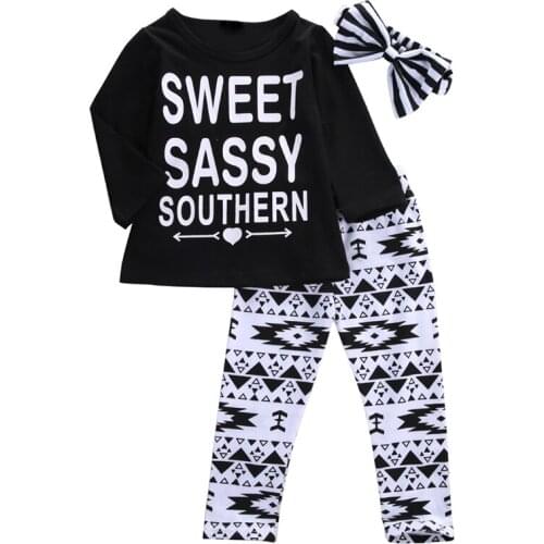 Hot Fashion Baby Kids Girls Outfits Set Letters Long Sleeve T-shirt Tops Printing Pants Leggings Headband Clothes Set Kids Girl