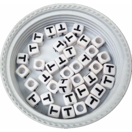 Best Quality 7*7MM Single Letter T Printing Acrylic Alphabet Cube Letter Beads Square Big Hole Name Knit Bracelet Spacer Beads