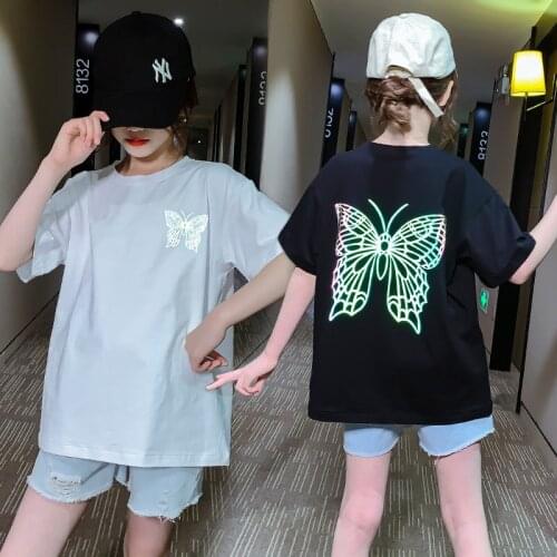 Teens Fashion Clothes Set T-shirt Shining in the Dark Black T-shirt with Butterfly Top and Denim Shorts 2 Pieces Clothing Set