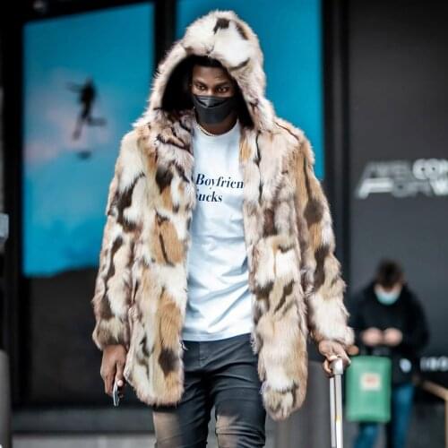 Mens Casual Faux Fur Jacket Mens Winter Warm Wind-Resistant Hooded Cardigan Long Jacket Leopard Print Coat Mens Clothing