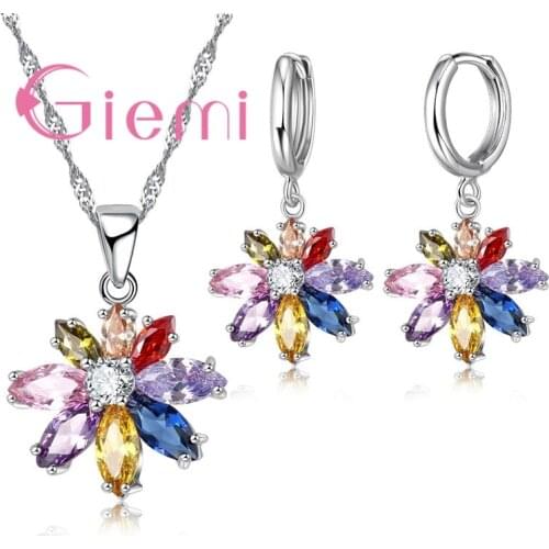 Women Gift Colorful Flower 925 Sterling Silver Crystal Jewelry Set High Quality Low Price Cubic Zircon Earrings/Necklace
