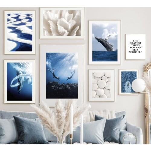 White Stone Reed Blue Sea Whale Diver Wall Art Canvas Painting Nordic Posters And Prints Wall Pictures For Living Room Decor