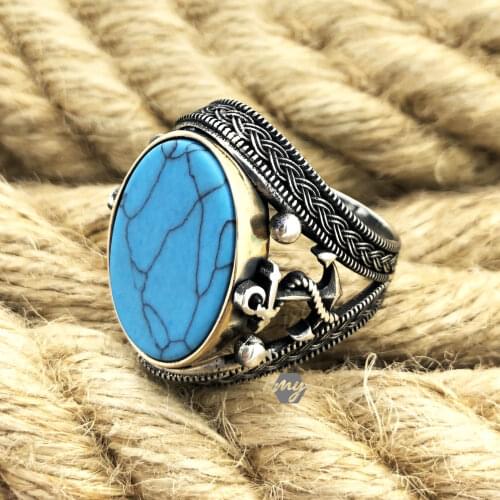 Solid 925 Sterling Silver Flat Turquoise Knitting Design Anchor Mens Ring