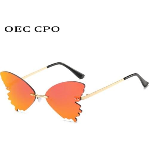 OEC CPO Women Butterfly Sunglasses Women Mirror Fashion Rimless Triangle Sun Glasses Female Red Gray Shades Eyewear UV400 O602